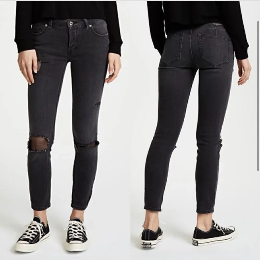 Free People Fishnet Patch Skinny Jean Button Fly Washed Out Black